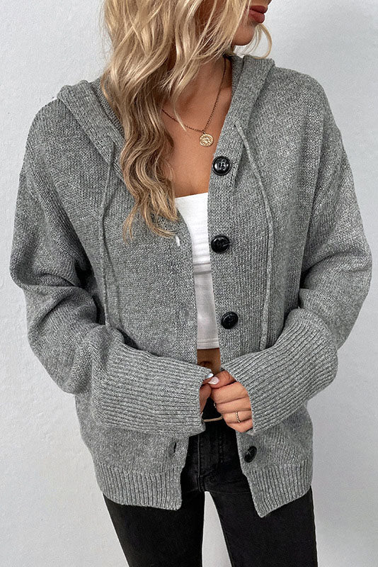 Hooded single-breasted drawstring knitted cardigan