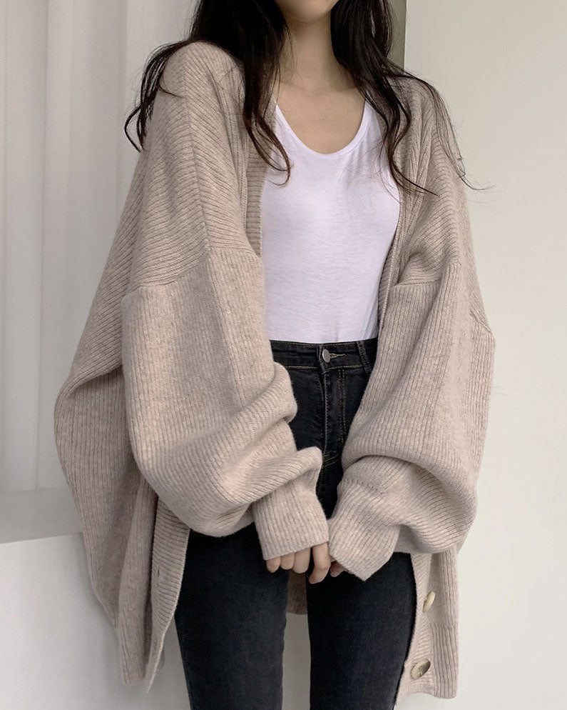 V-neck single-breasted loose lantern sleeve knitted cardigan