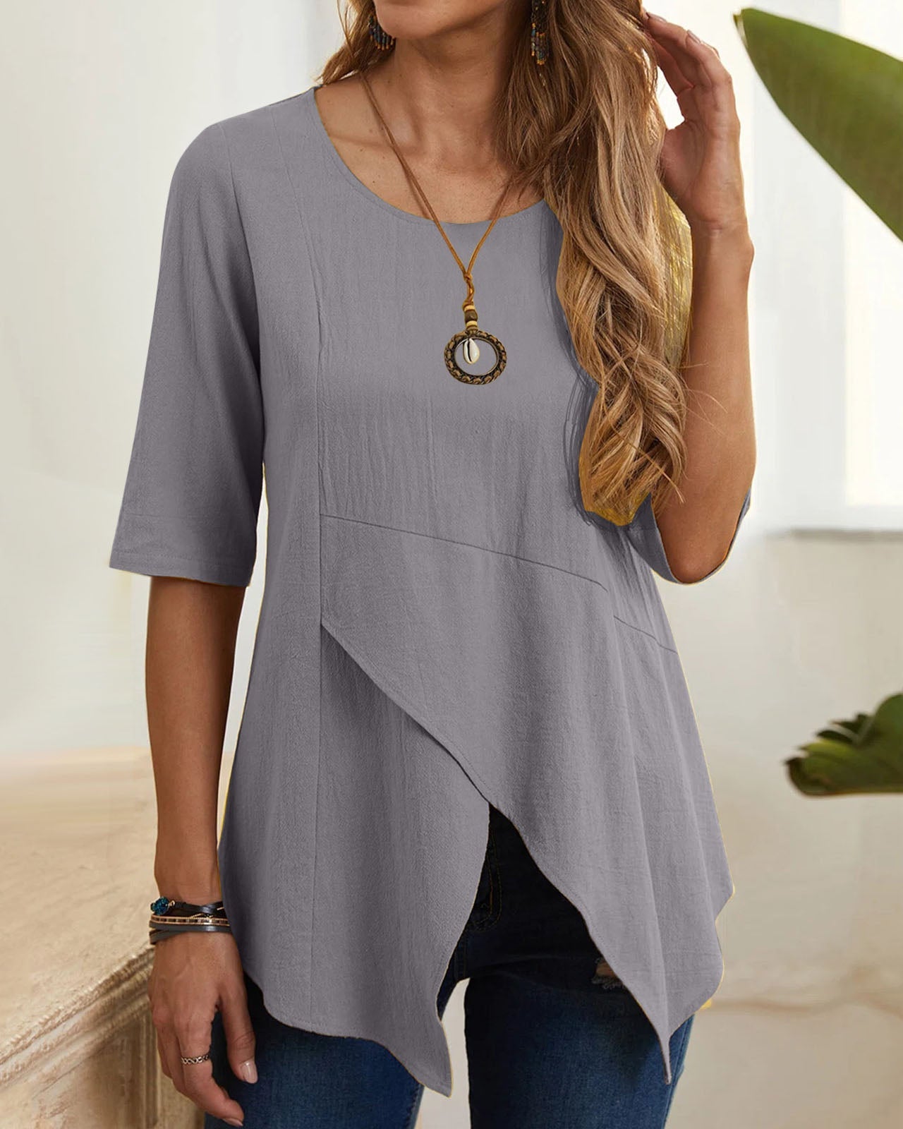 Irregular round neck mid-sleeve linen top