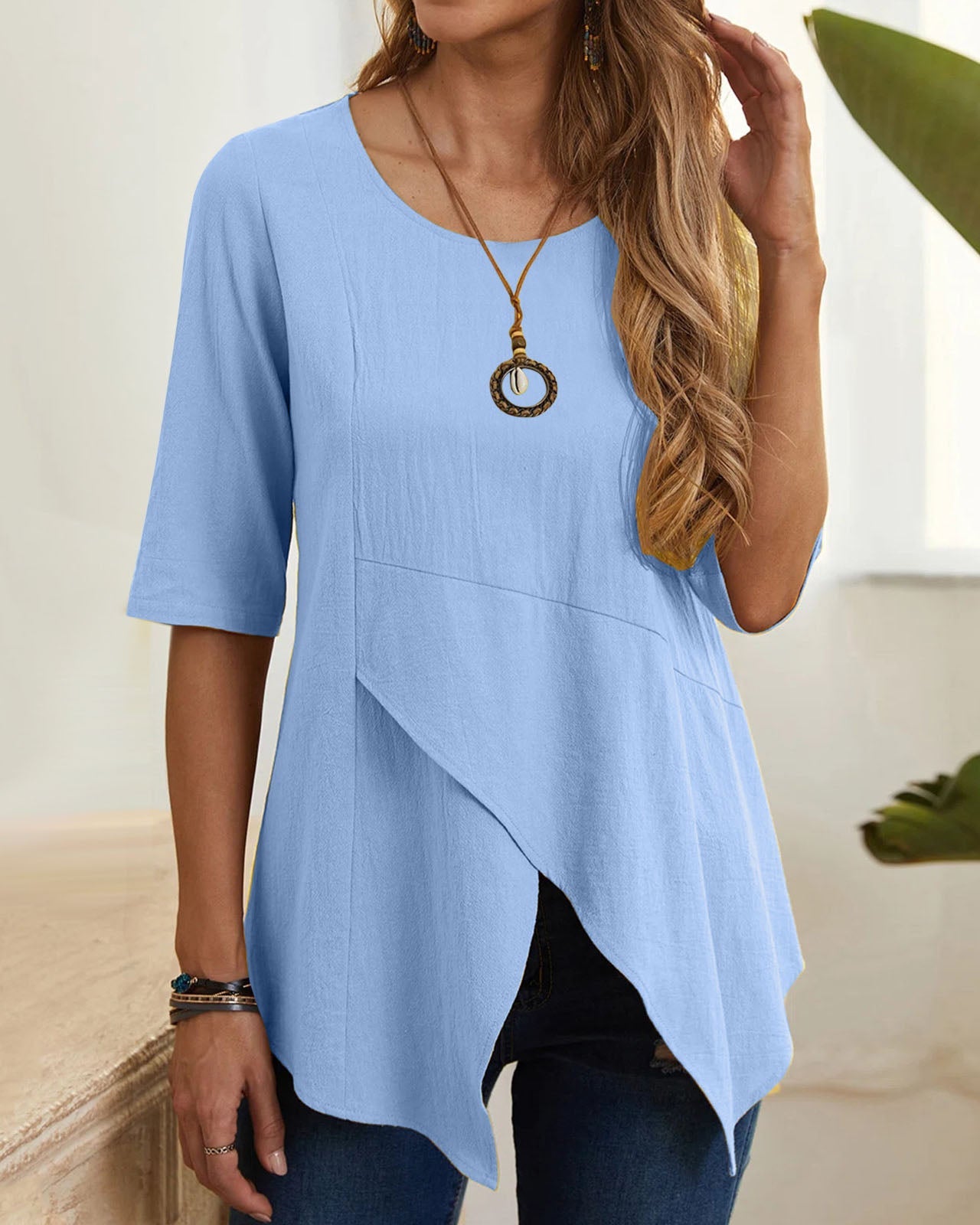 Irregular round neck mid-sleeve linen top