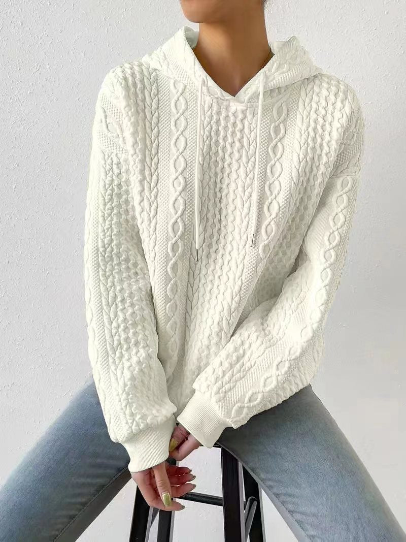 Jacquard hooded lace up long sleeve loose sweatshirt