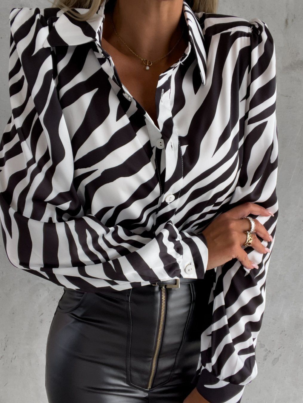 Fold-Over Collar Irregular Zebra Print Long Sleeve Shirt