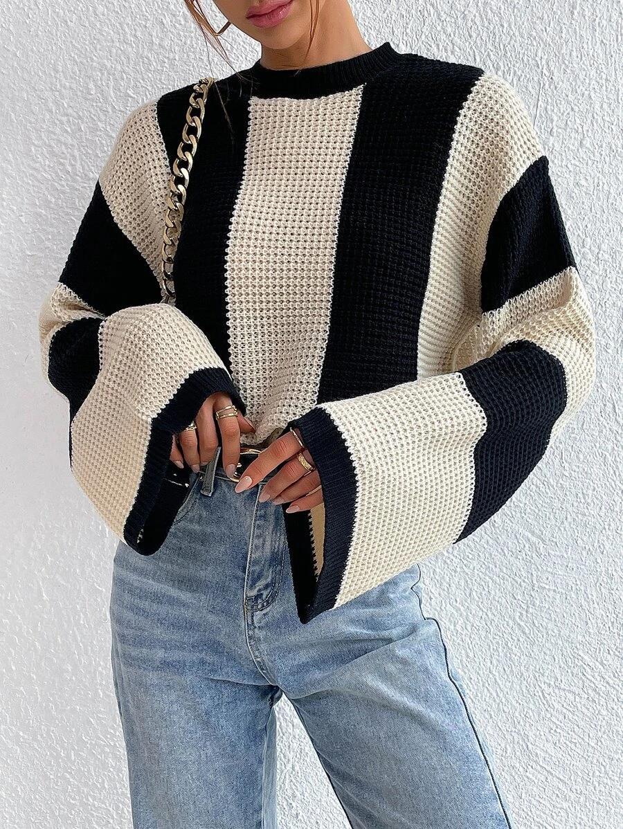 Wide vertical stripe bell sleeve pullover sweater