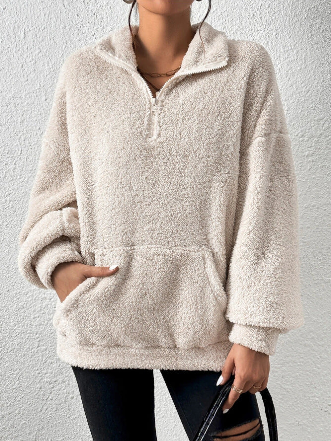 Plush kangaroo pocket stand collar sweatshirt