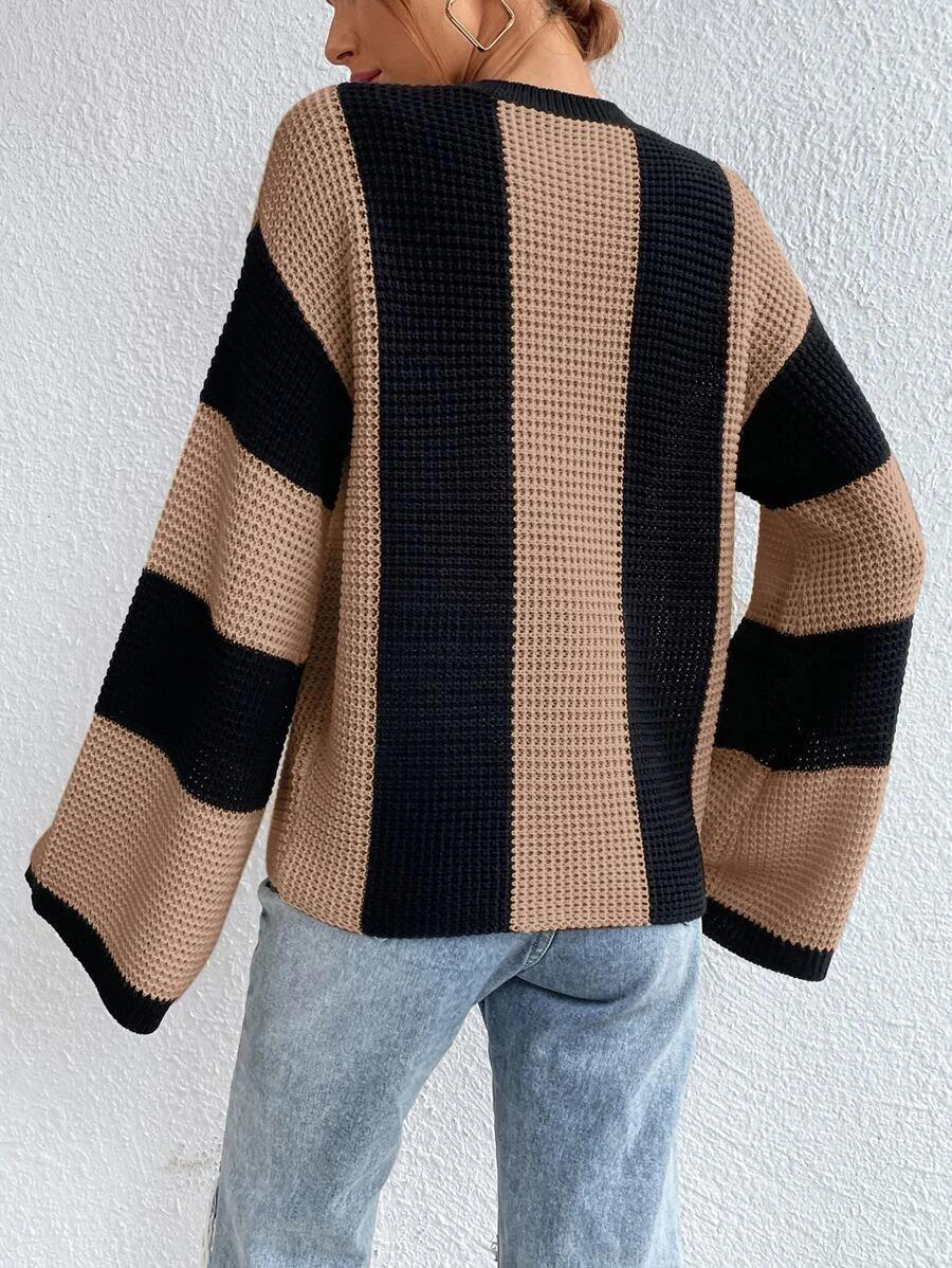 Wide vertical stripe bell sleeve pullover sweater