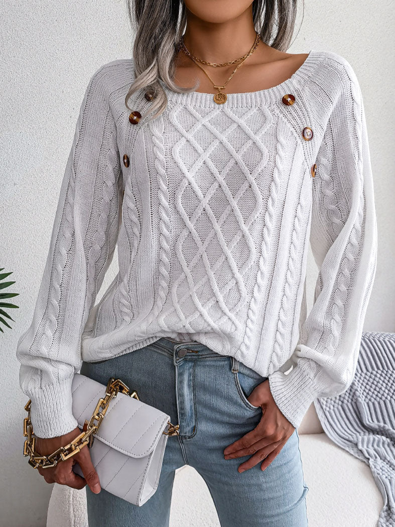 Crew Neck Button decoration Cable Knit Sweater