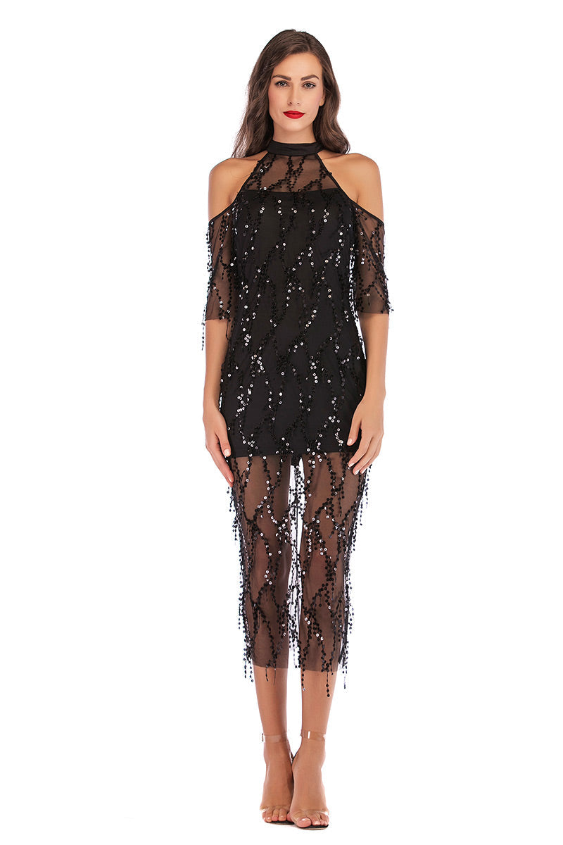 Off-the-shoulder High Neck Sequined Tasseled Sparkly Midi Dress