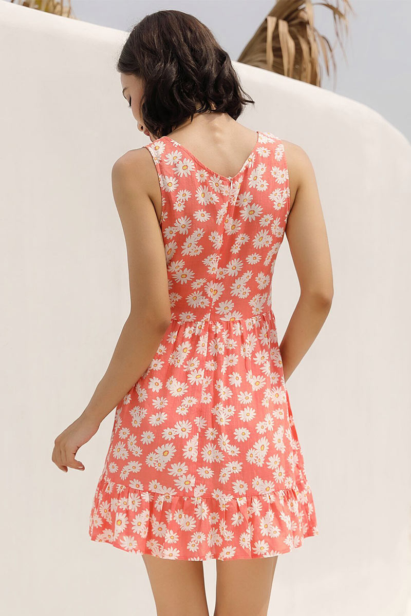 Orange Floral Print Sleeveless Ruffled Dress