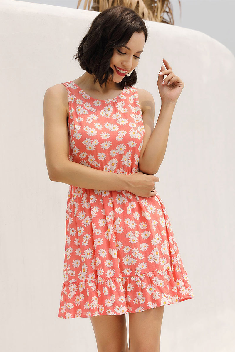 Orange Floral Print Sleeveless Ruffled Dress