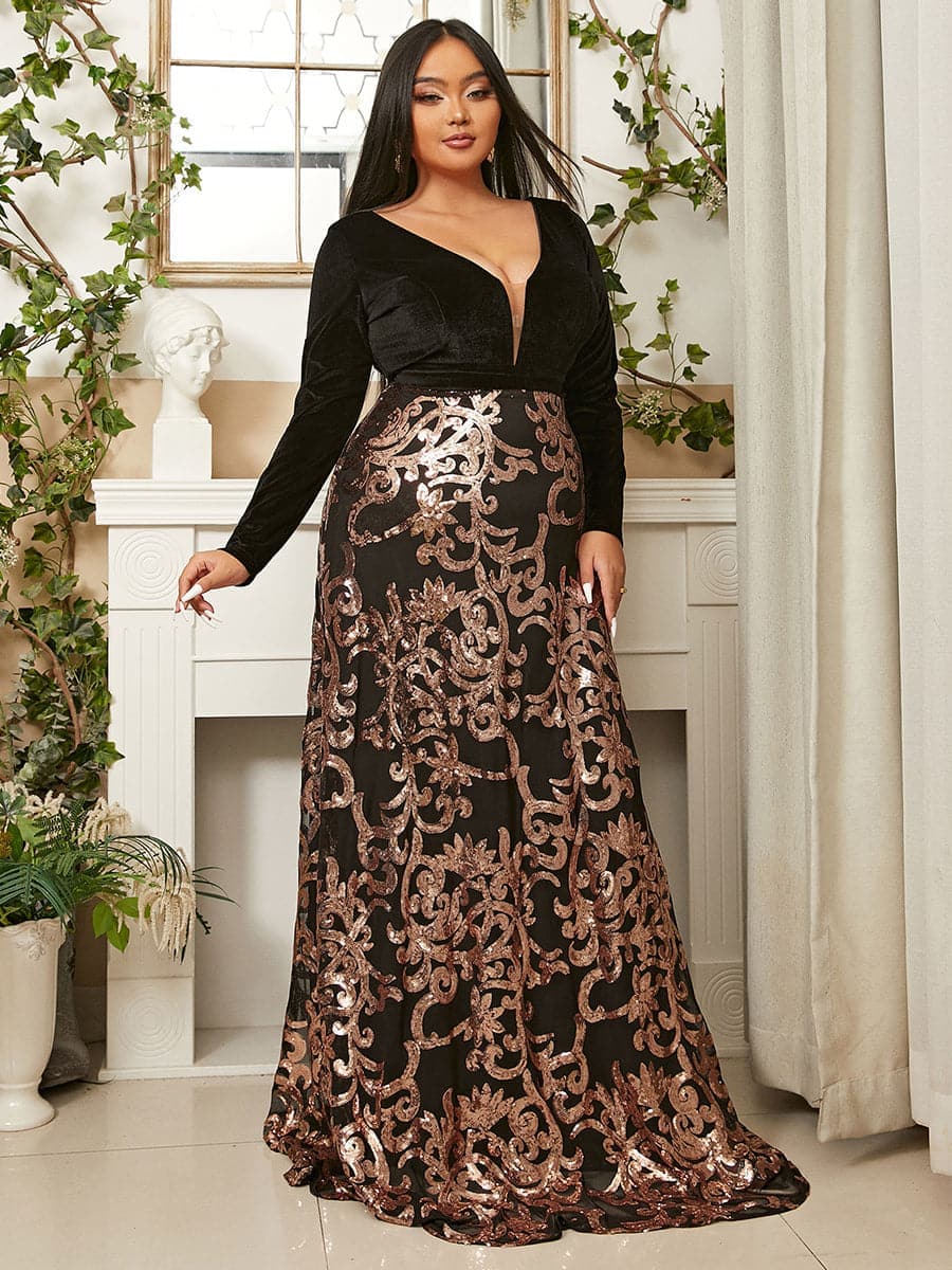 Plus Size Deep V Neck Backless Velvet Black Prom Dress PXJ1678