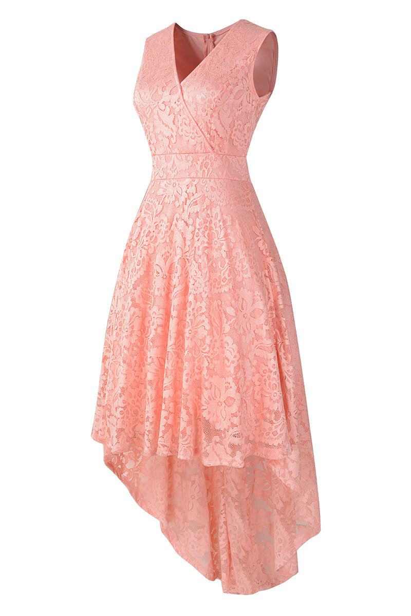 Pink V Neck Sleeveless High Low Lace Cocktail Dress