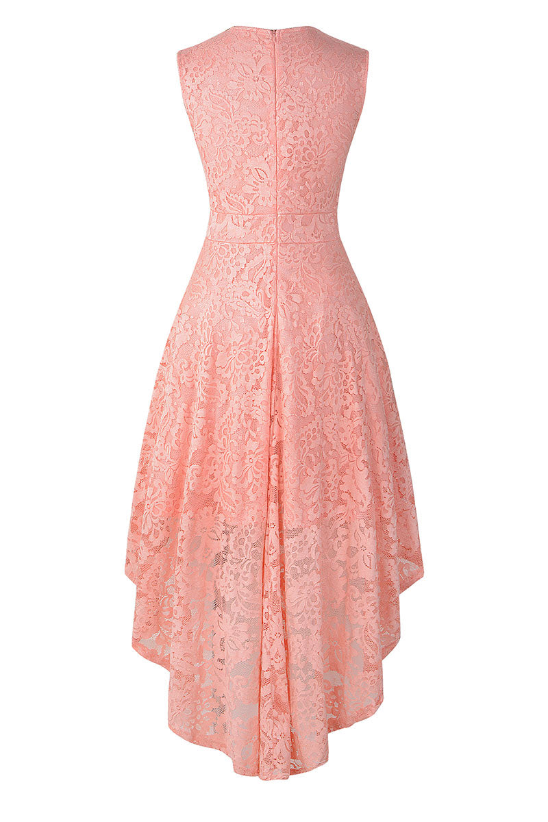 Pink V Neck Sleeveless High Low Lace Cocktail Dress