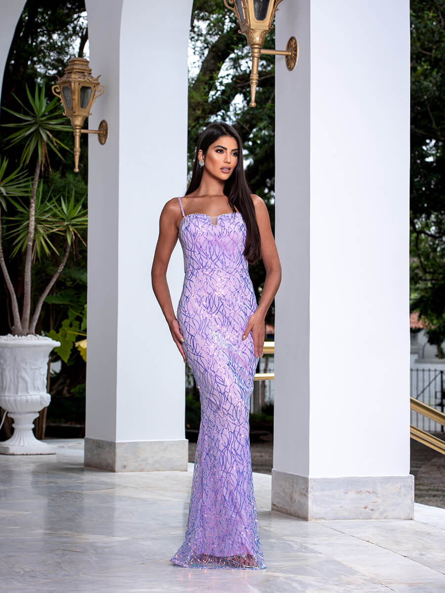 Spaghetti Strap Pearl Neck Purple Sequin Evening Dress RM20740