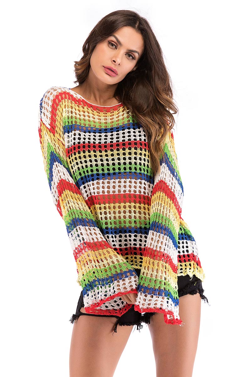 Rainbow Striped Cut Out Knit Blouse