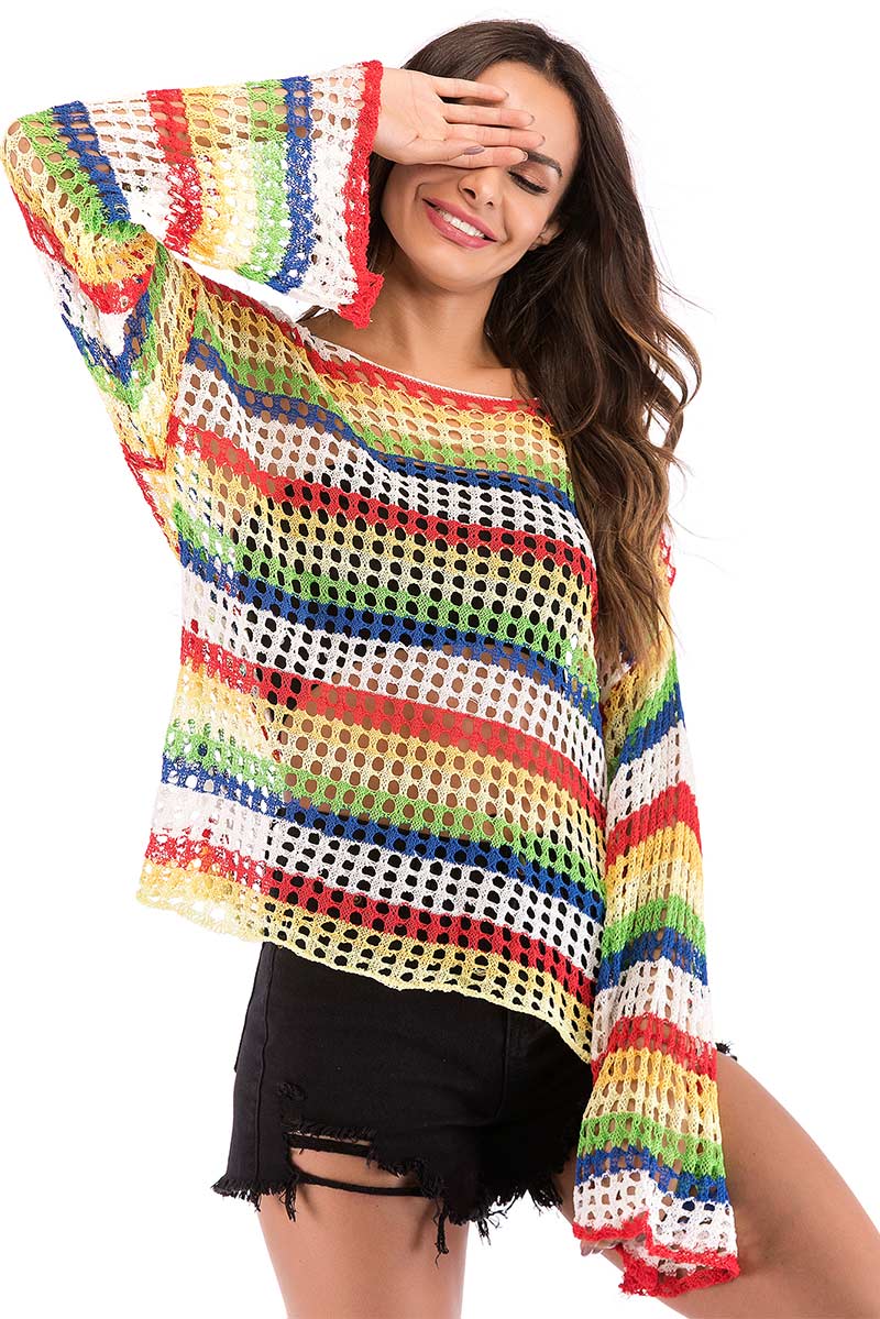 Rainbow Striped Cut Out Knit Blouse