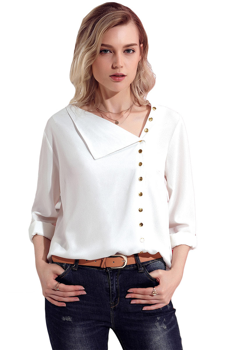 Slant Collar Asymmetrical Buttoned Chiffon Blouse