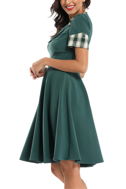 V-neck Plaid Patched A-line Prom Dress