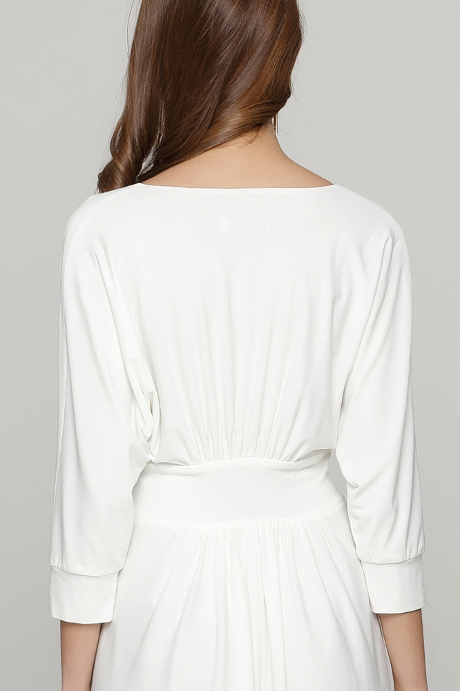 White A-line V-neck Cocktail Dress With Sleeves