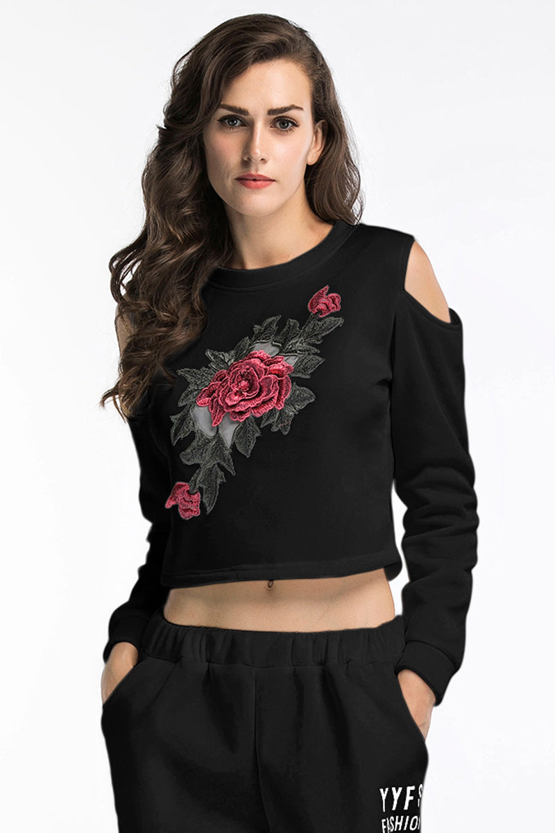 White Off-the-shoulder Flower Embroidered Sweatshirt