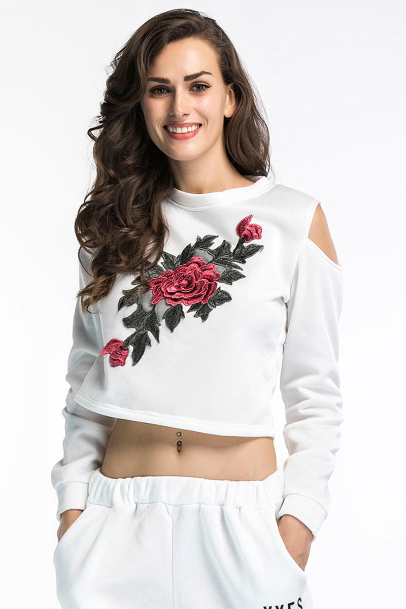 White Off-the-shoulder Flower Embroidered Sweatshirt