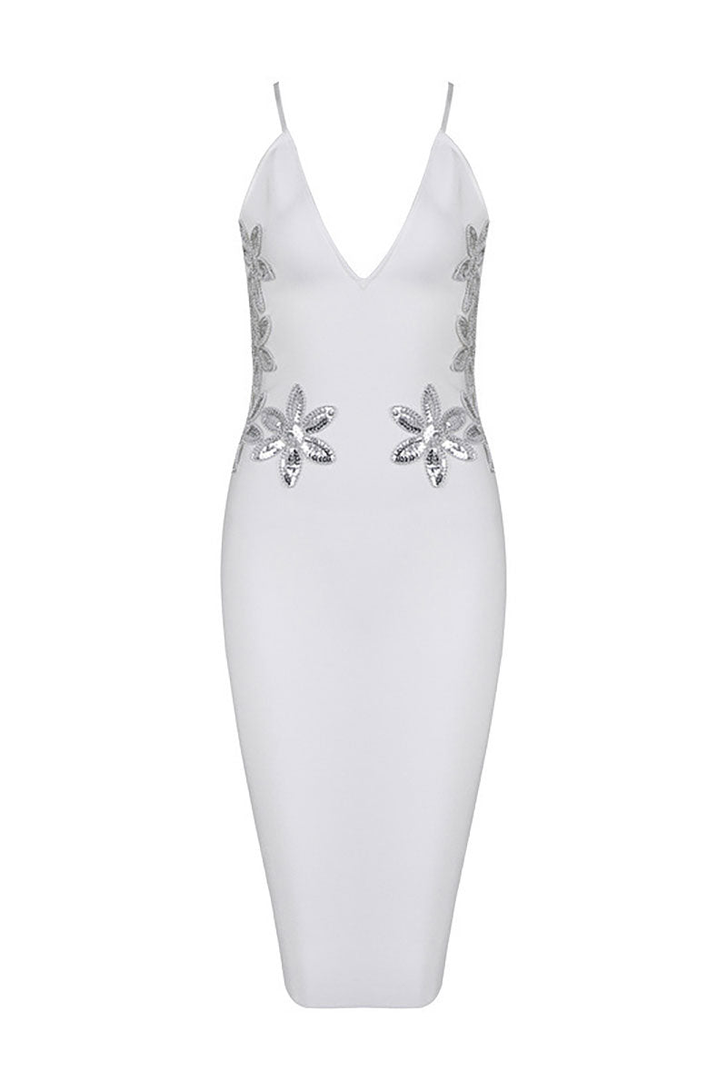 White Sequined V-neck Spaghetti Straps Bandage Dress