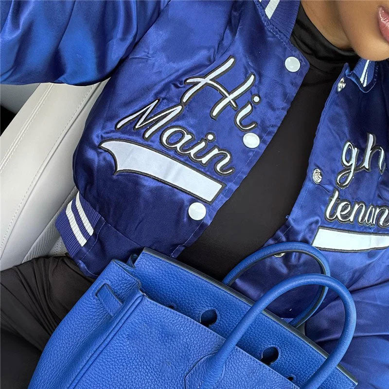 Active Letter Print Button Up Cropped Varsity Bomber Jacket - Royal Blue