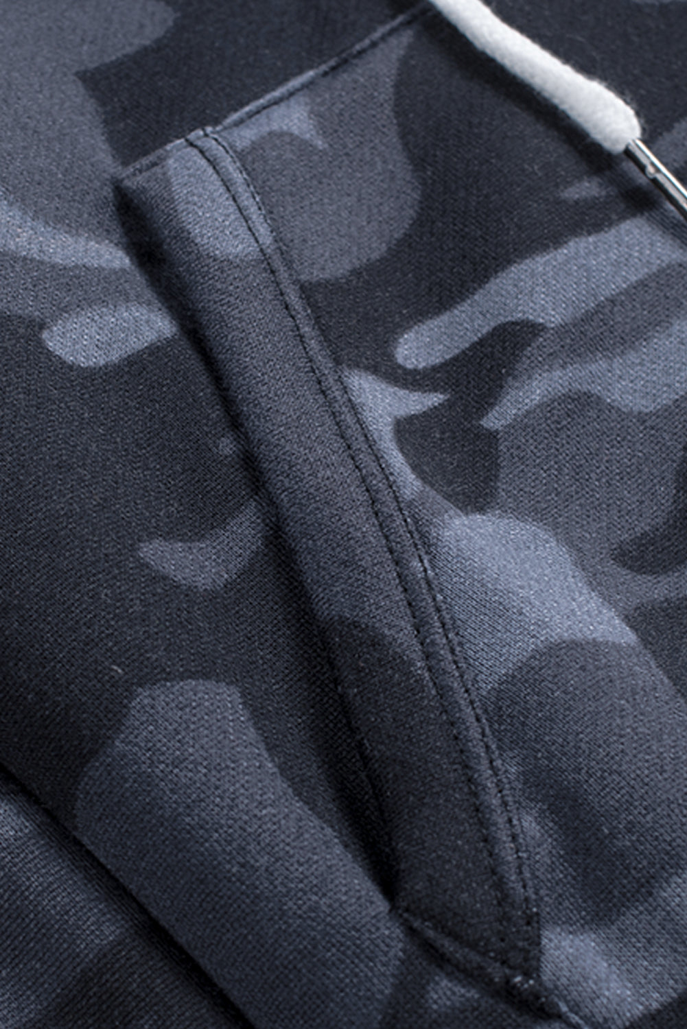 Black Camo Print Zip-Up Hooded Coat With Pockets