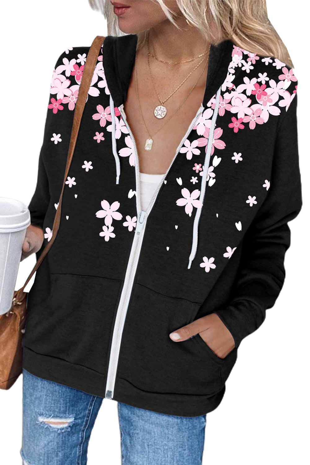 Black Cherry Blossoms Print Pocketed Zipped Hooded Coat