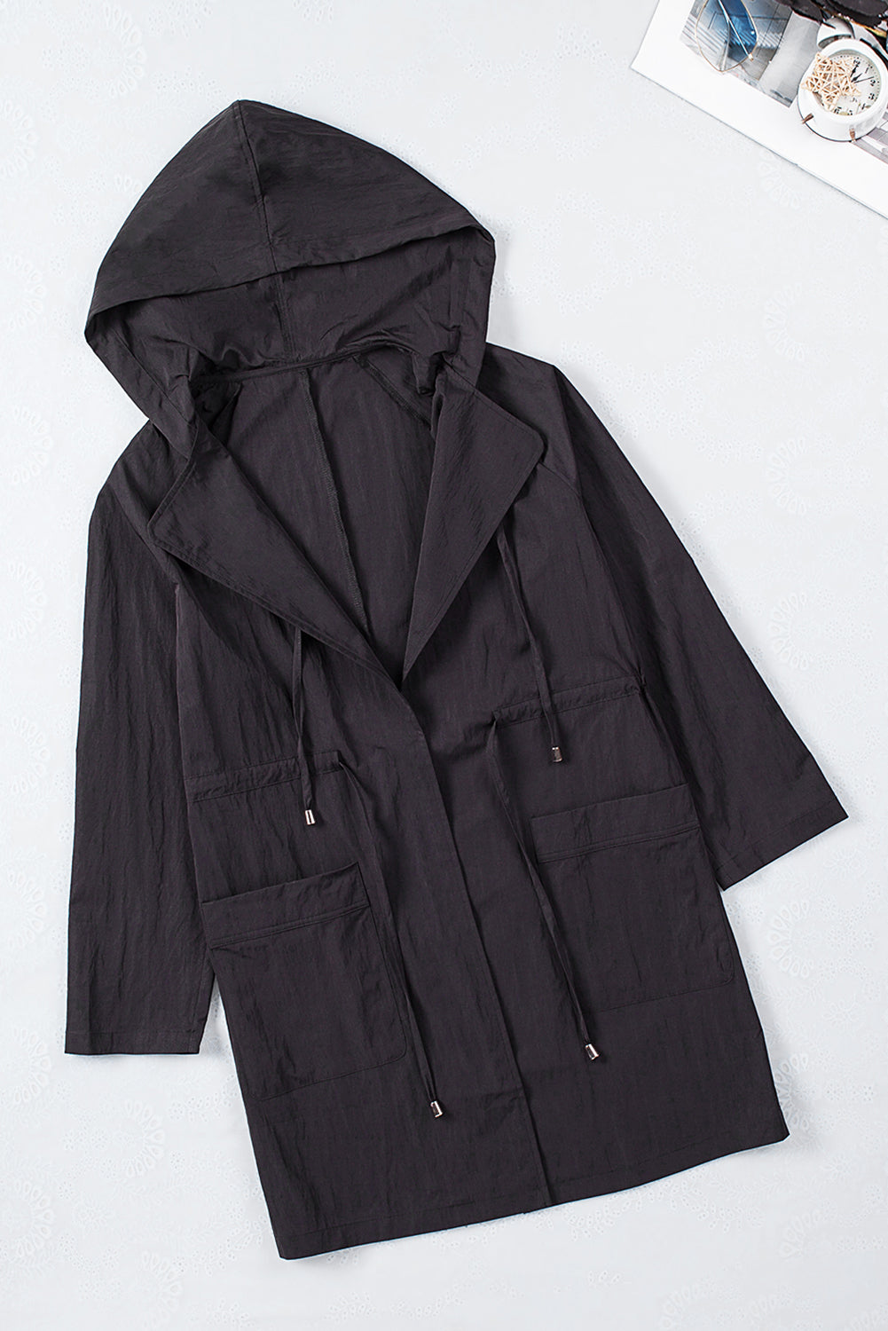 Black Drawstring Turndown Collar Hooded Outerwear