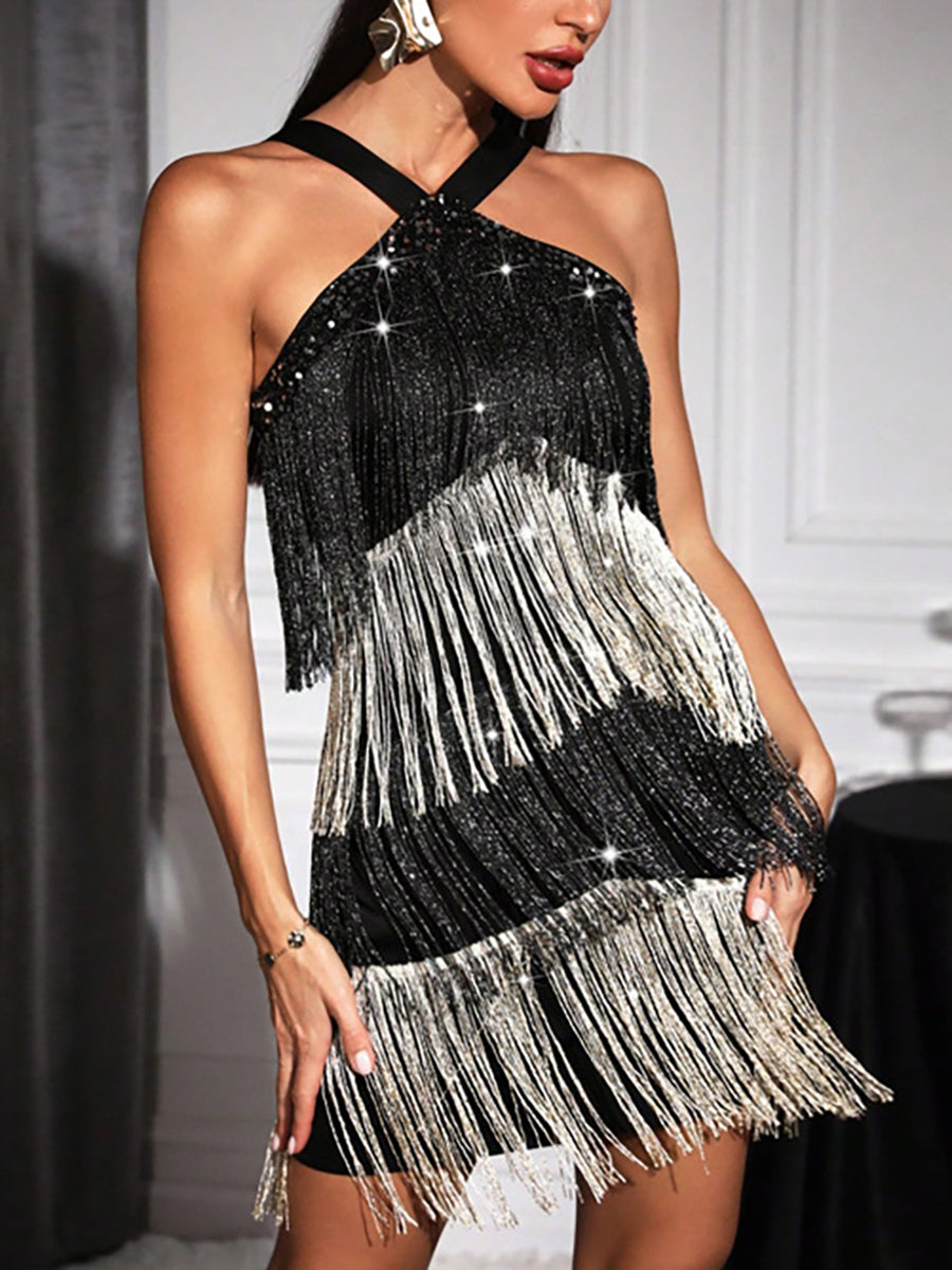 Halter Contrast Sequin Fringed Party Dress MSD1247