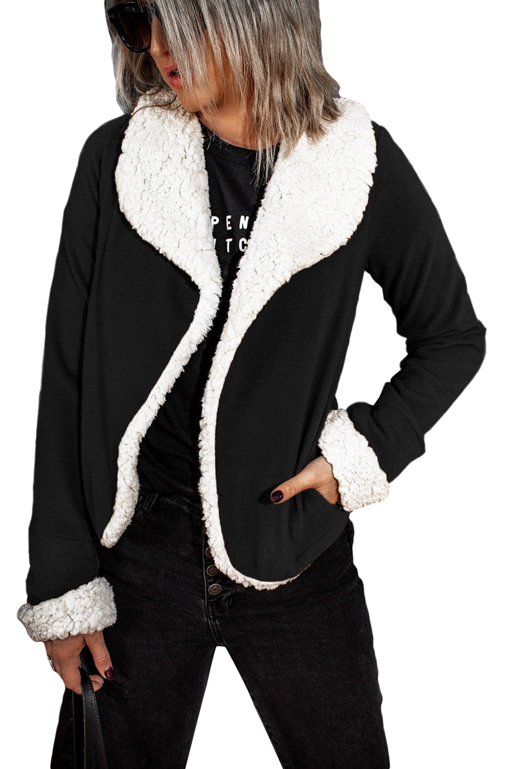 Black Lapel Collar Fleece Open Front Coat