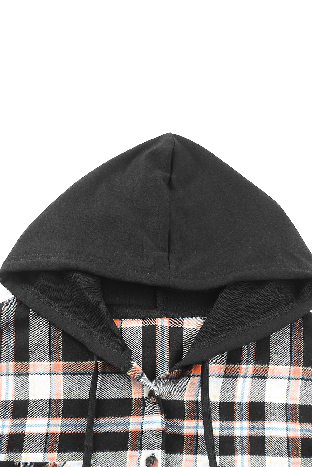 Black Plaid Buttons Long Sleeve Hooded Jacket