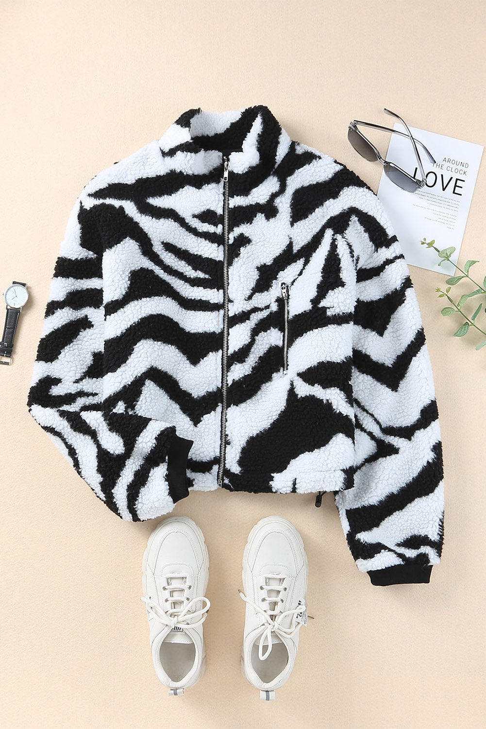 Black Zebra Teddy Zip-Up High Neck Jacket