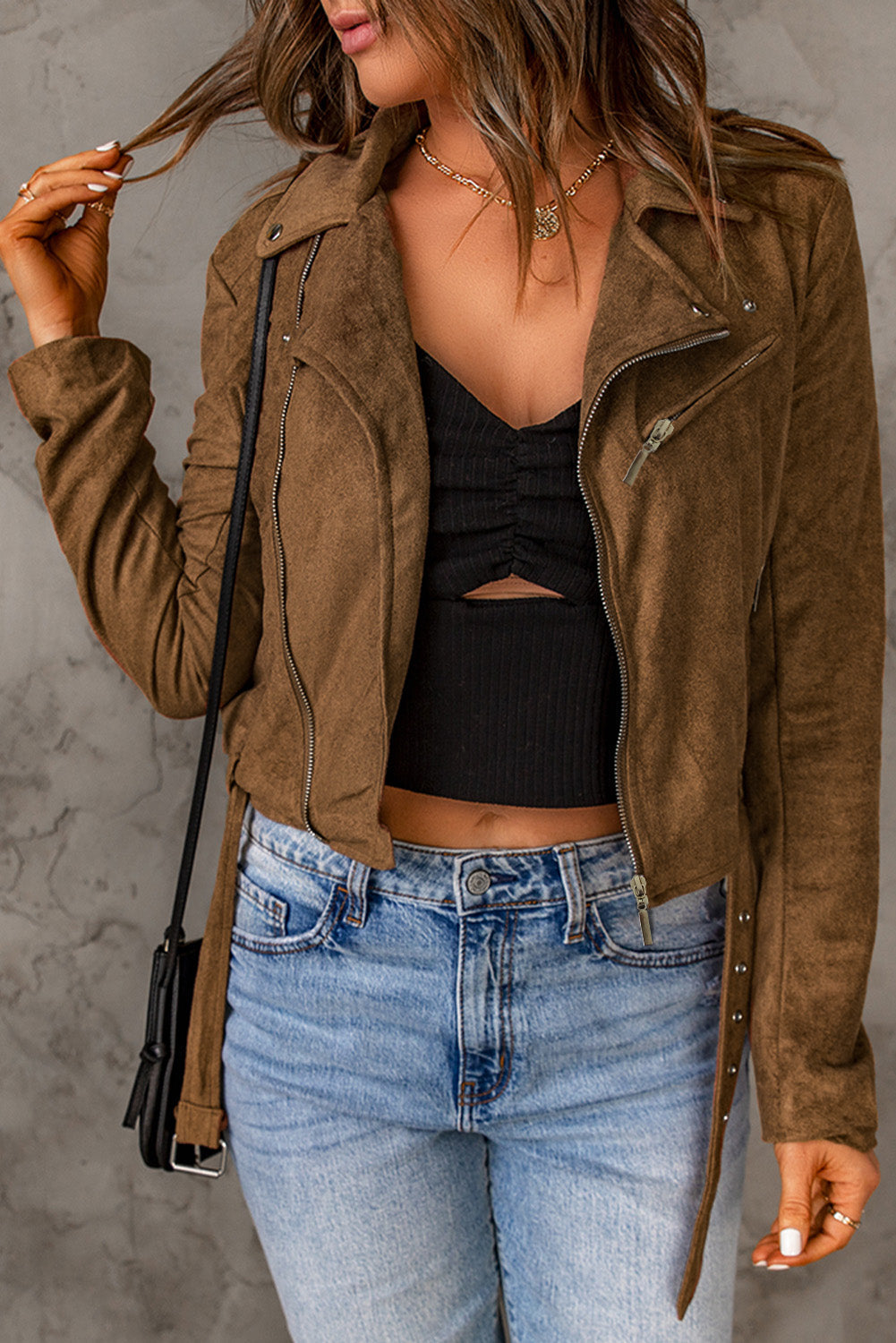 Brown Vegan Suede Zip Detail Moto Jacket