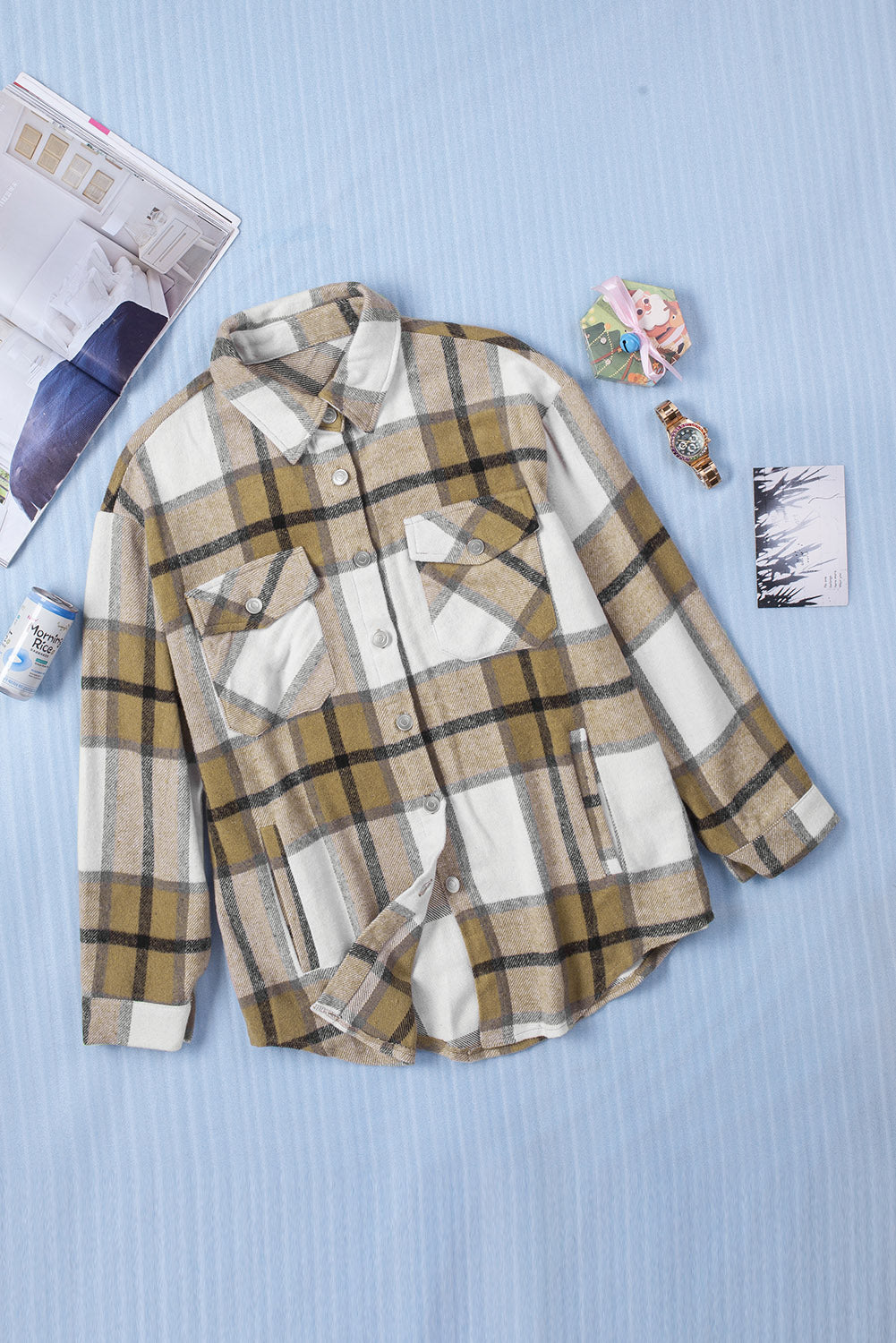 Button-Up Pocket Long Sleeve Plaid Shacket