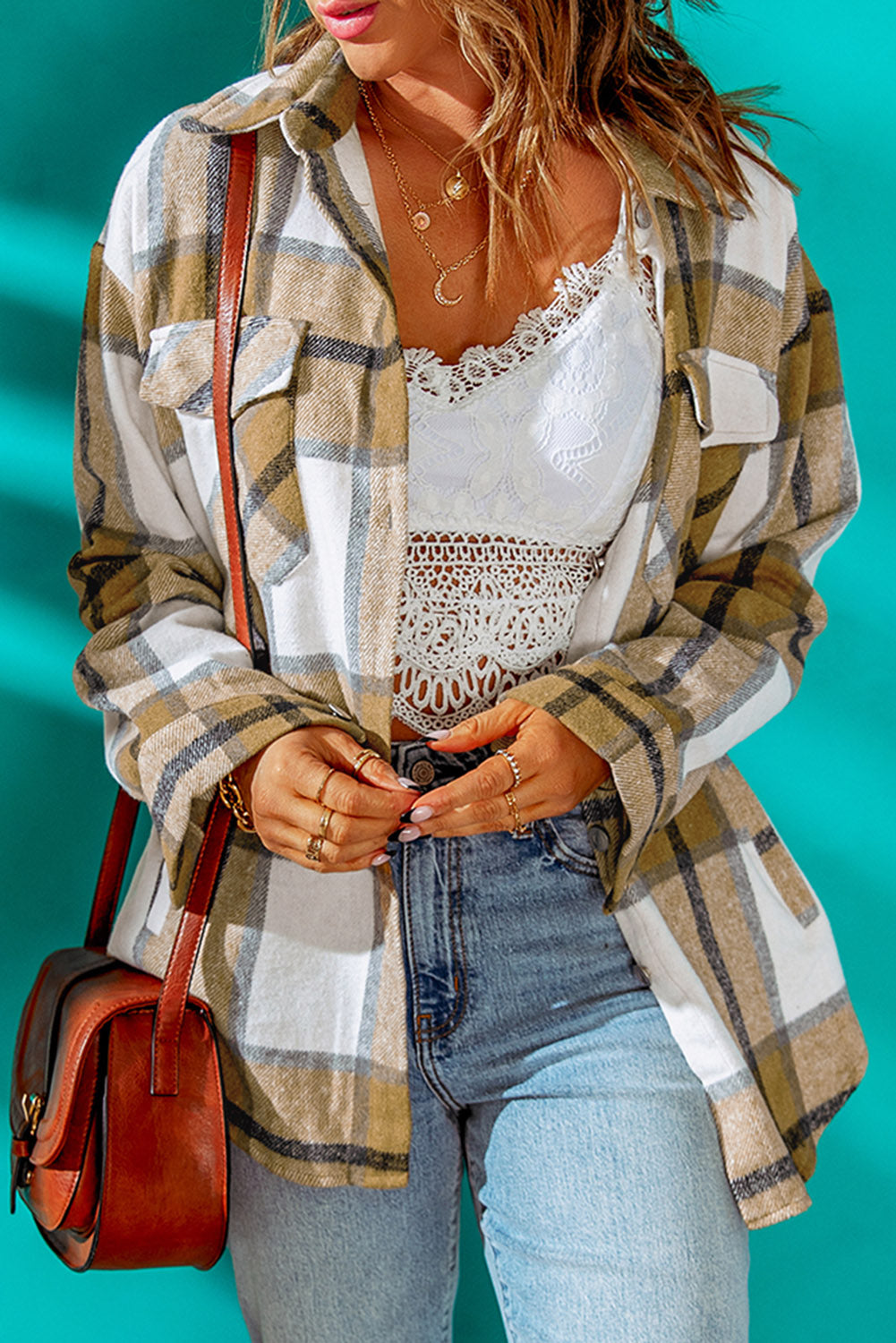 Button-Up Pocket Long Sleeve Plaid Shacket