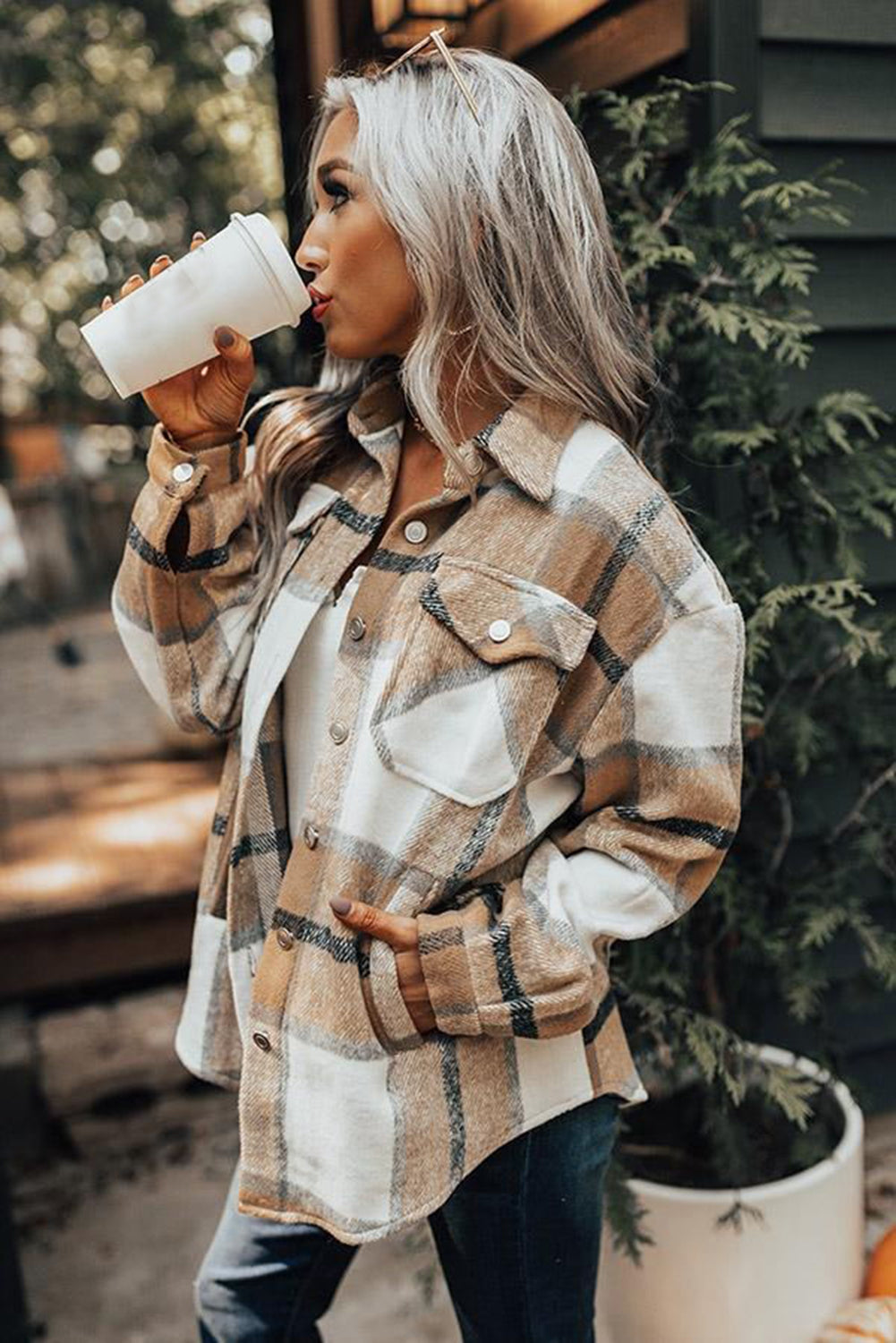 Button-Up Pocket Long Sleeve Plaid Shacket