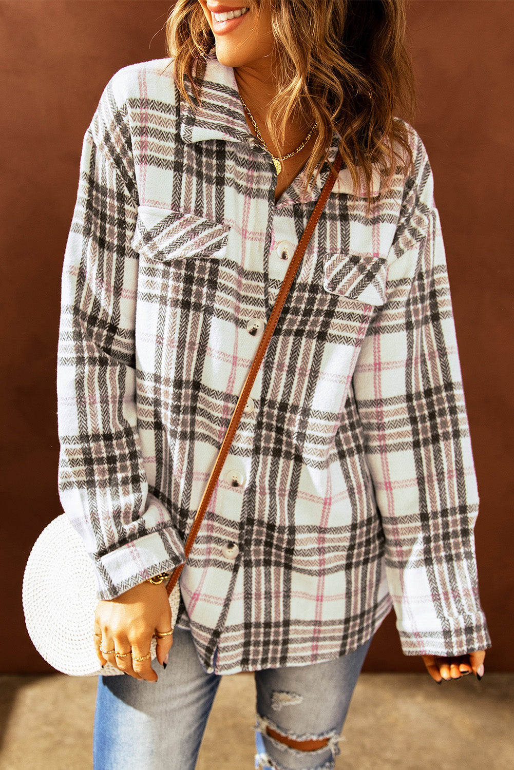 Buttoned Turn Down Collar Plaid Shacket