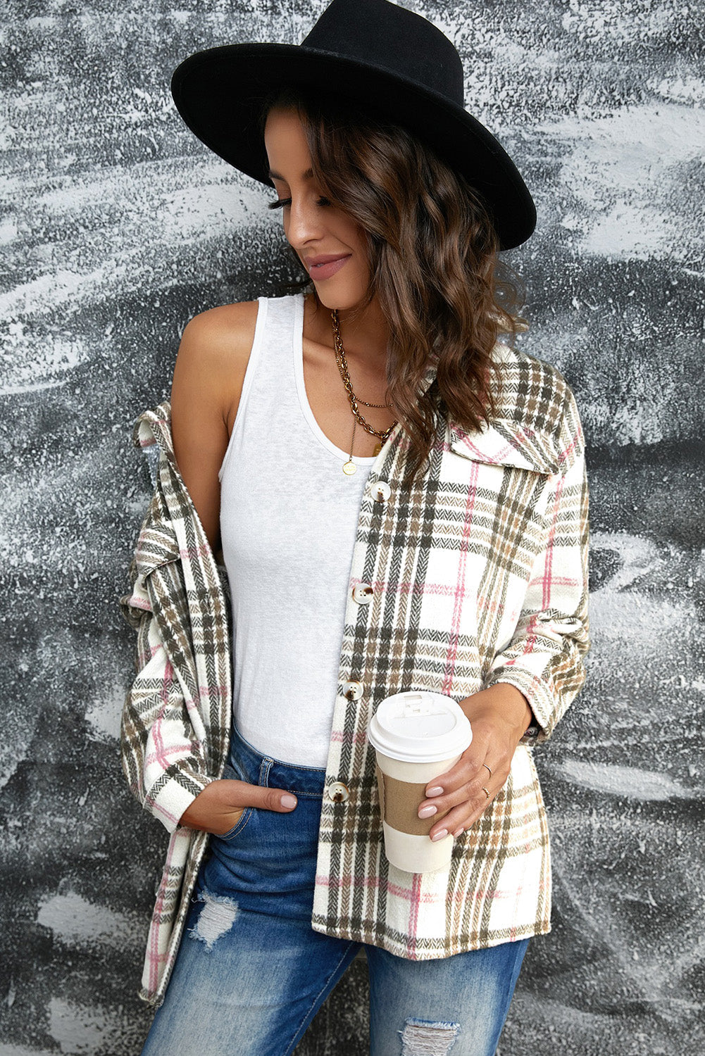 Buttoned Turn Down Collar Plaid Shacket