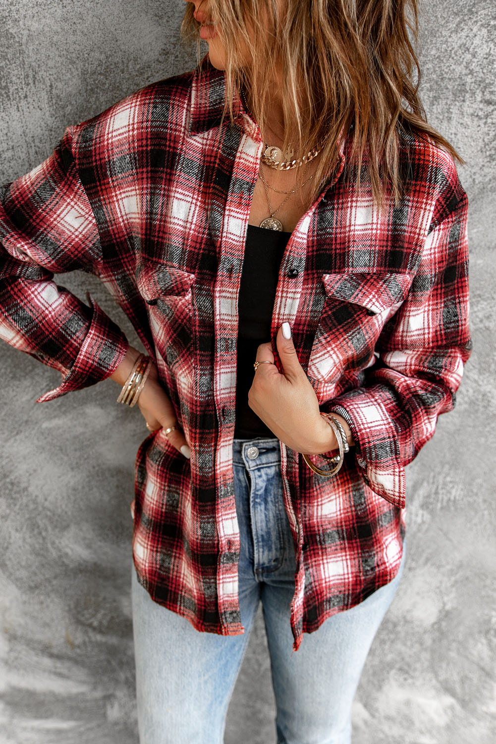 Buttons Pocketed Plaid Shacket