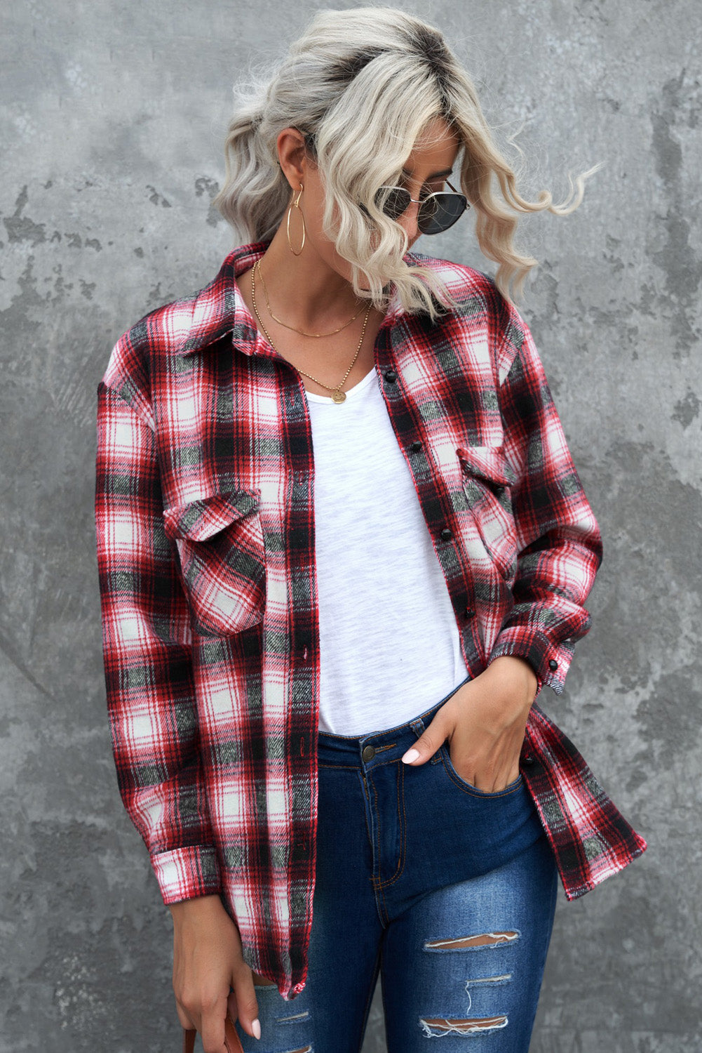 Buttons Pocketed Plaid Shacket