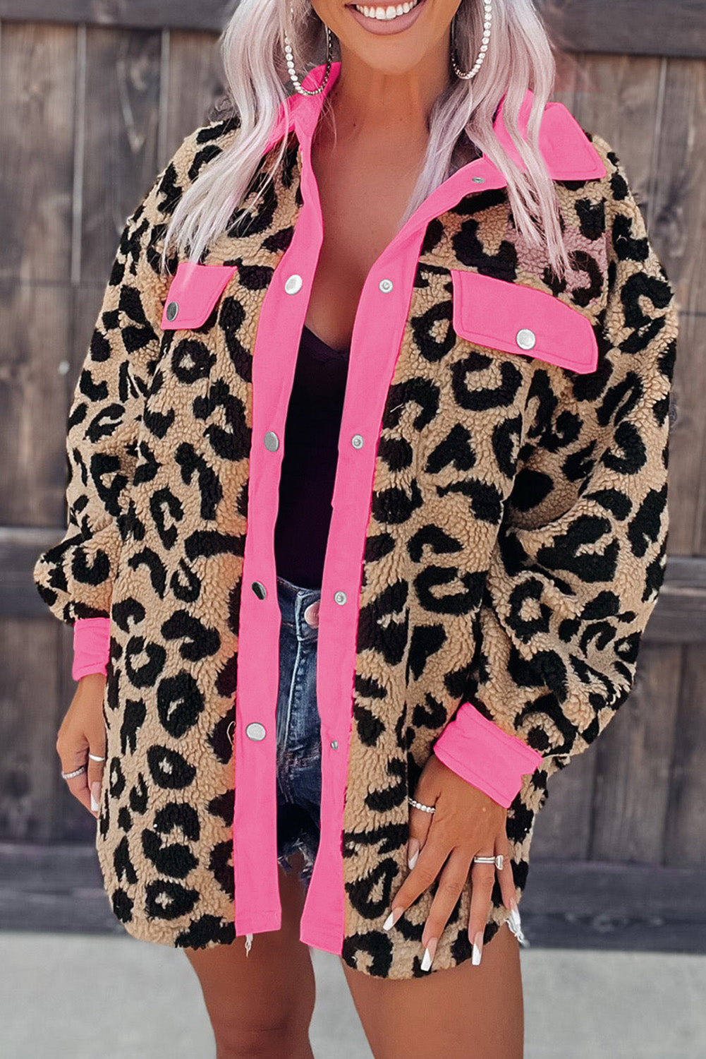 Contrast Trimmed Leopard Teddy Shacket