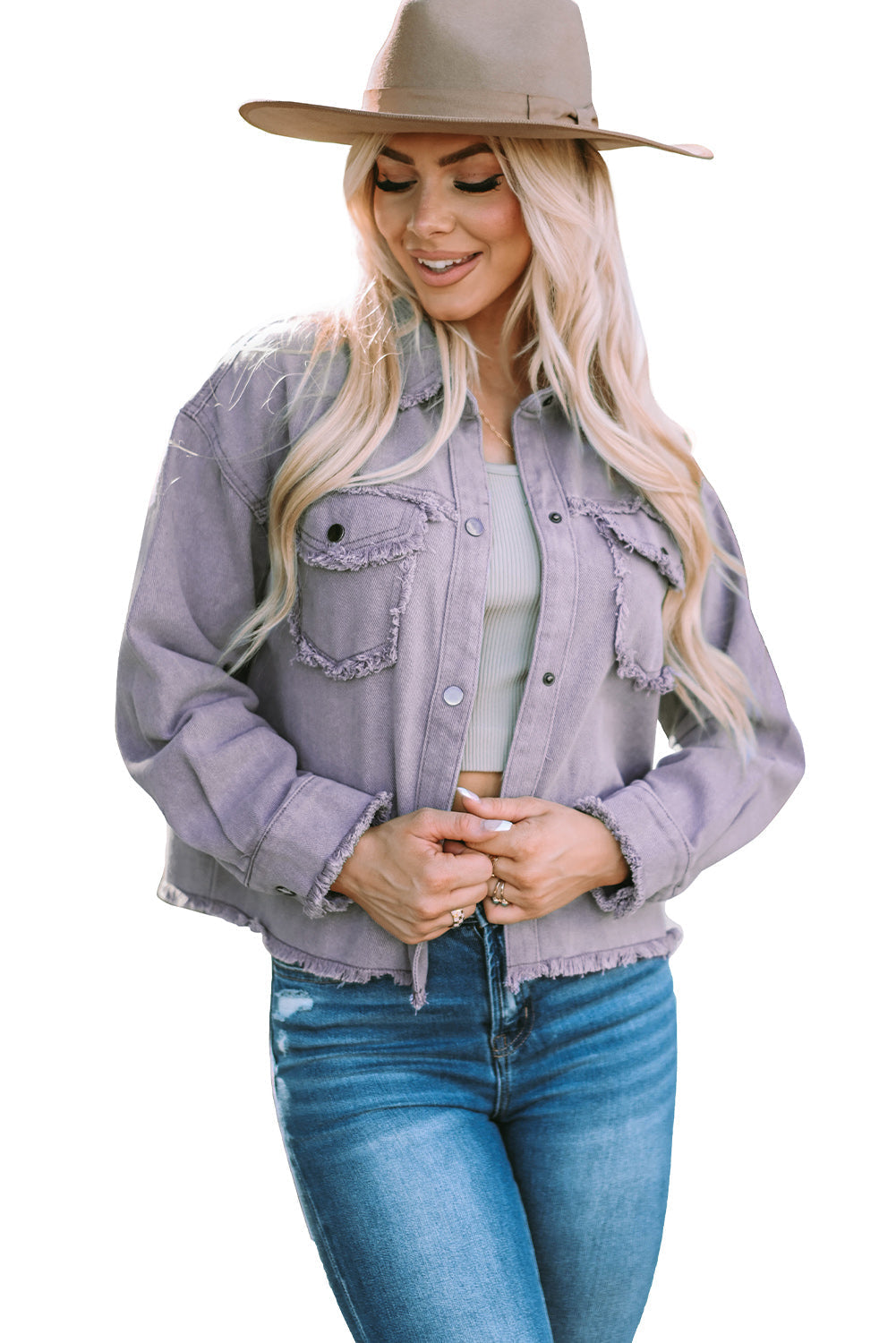 Distressed Flap Pockets Frayed Hemline Denim Jacket