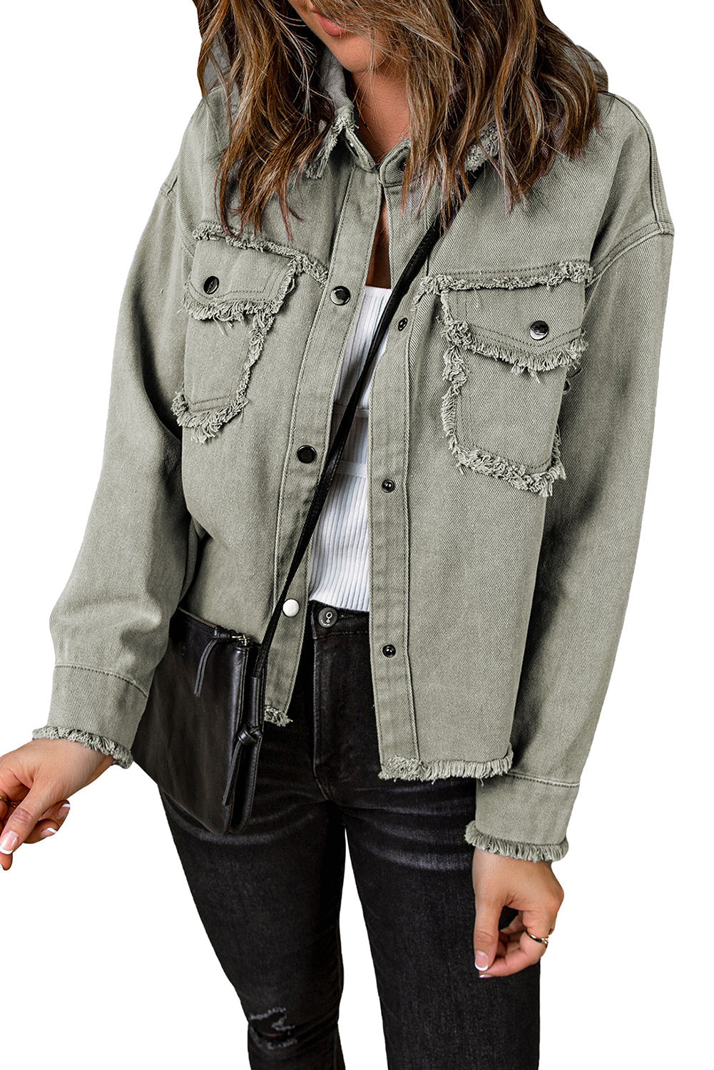 Distressed Flap Pockets Frayed Hemline Denim Jacket