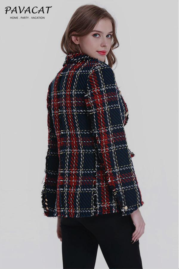 Double Breasted Frayed Checked Tweed Blazer