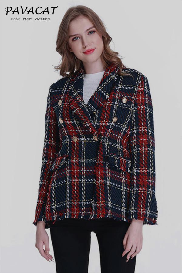 Double Breasted Frayed Checked Tweed Blazer