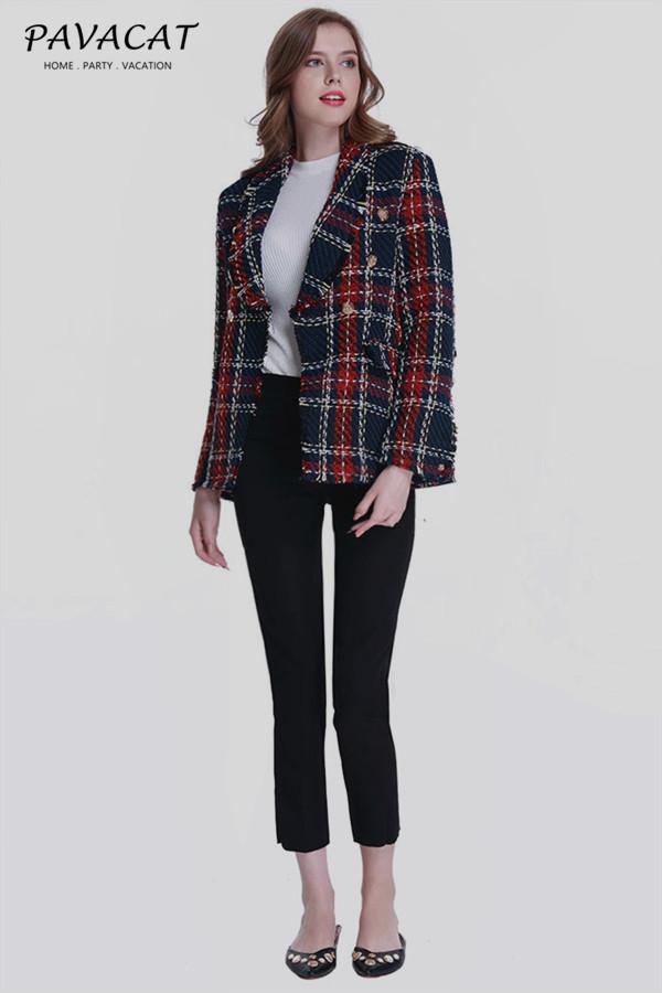 Double Breasted Frayed Checked Tweed Blazer