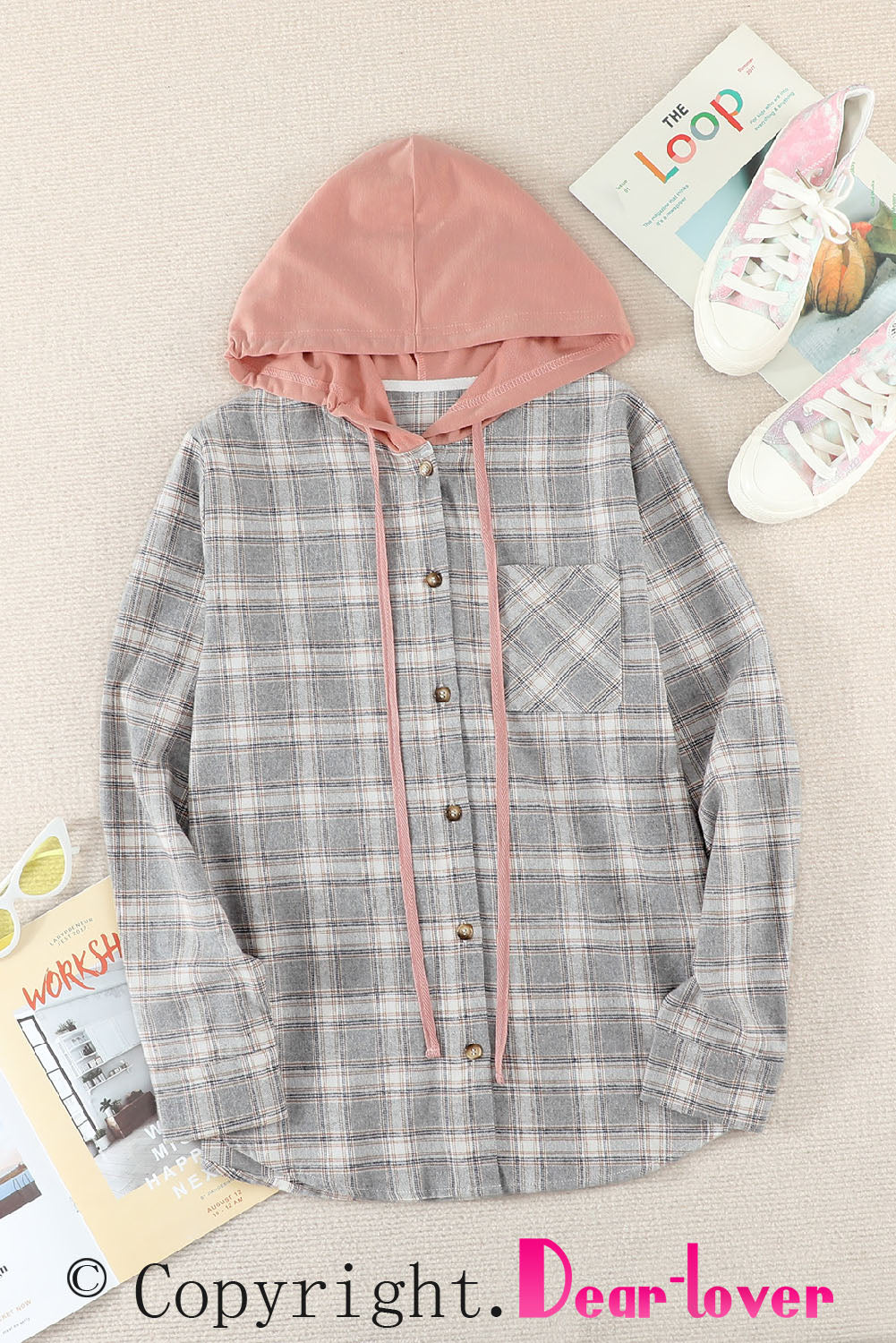 Drawstring Plaid Hooded Shacket