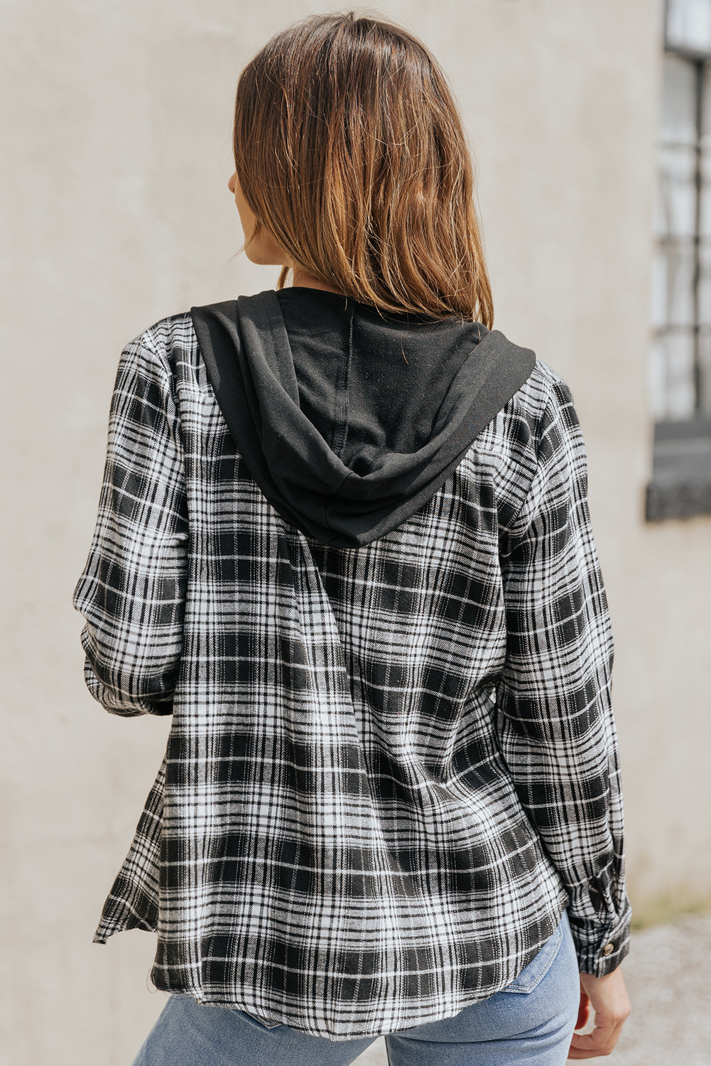 Drawstring Plaid Hooded Shacket