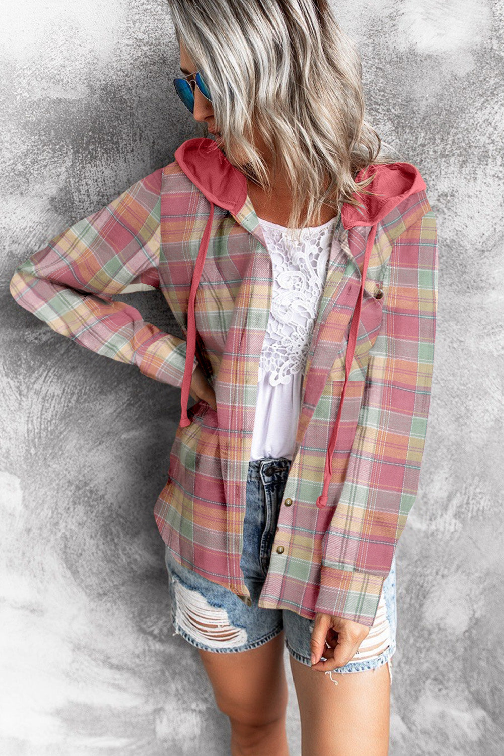 Drawstring Plaid Hooded Shacket